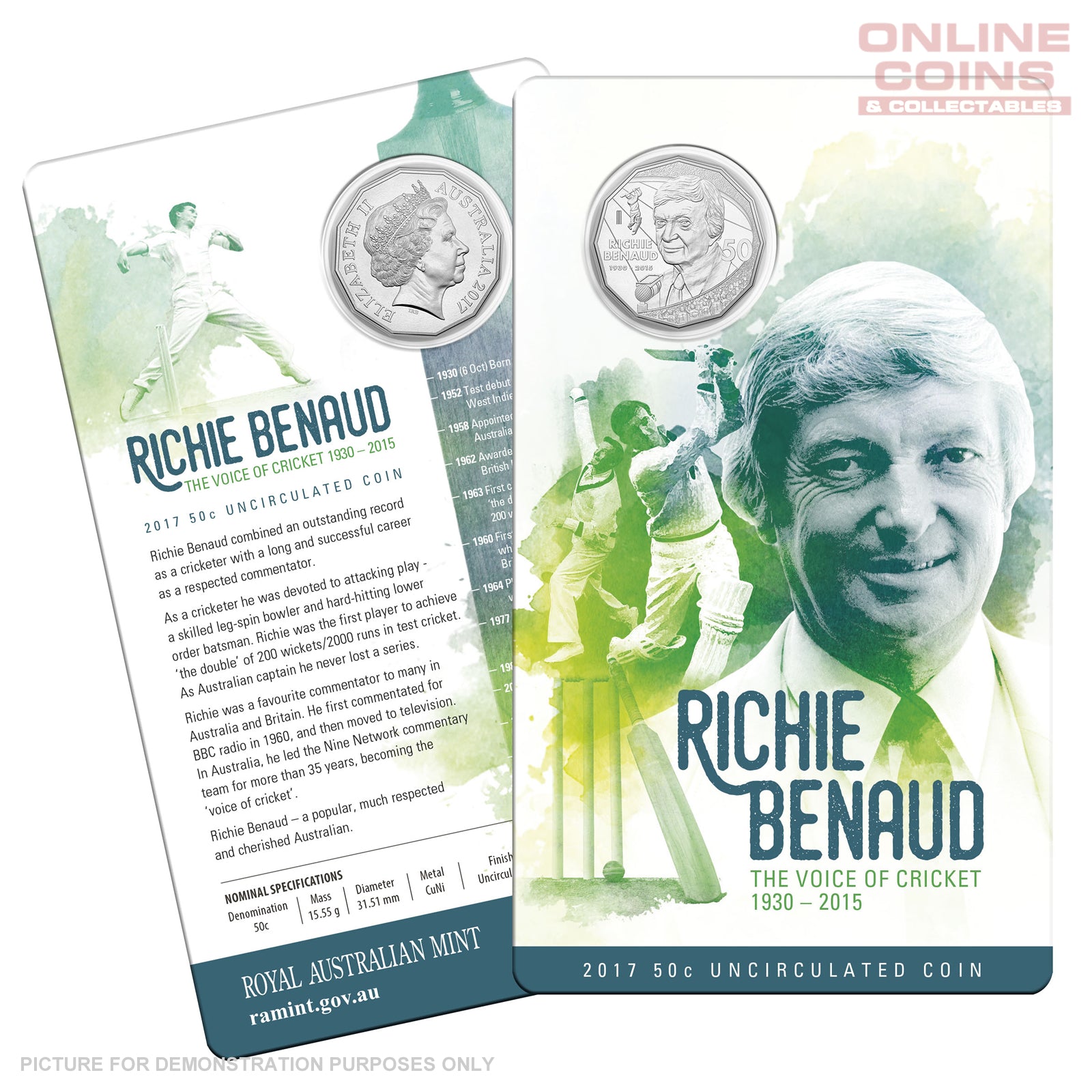 2017 50c Uncirculated Coin In Card - Richie Benaud
